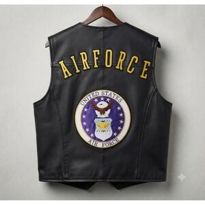 Leather USA Mens Large Air‎ Force Biker Vest Black Genuine Leather USAF Patch L